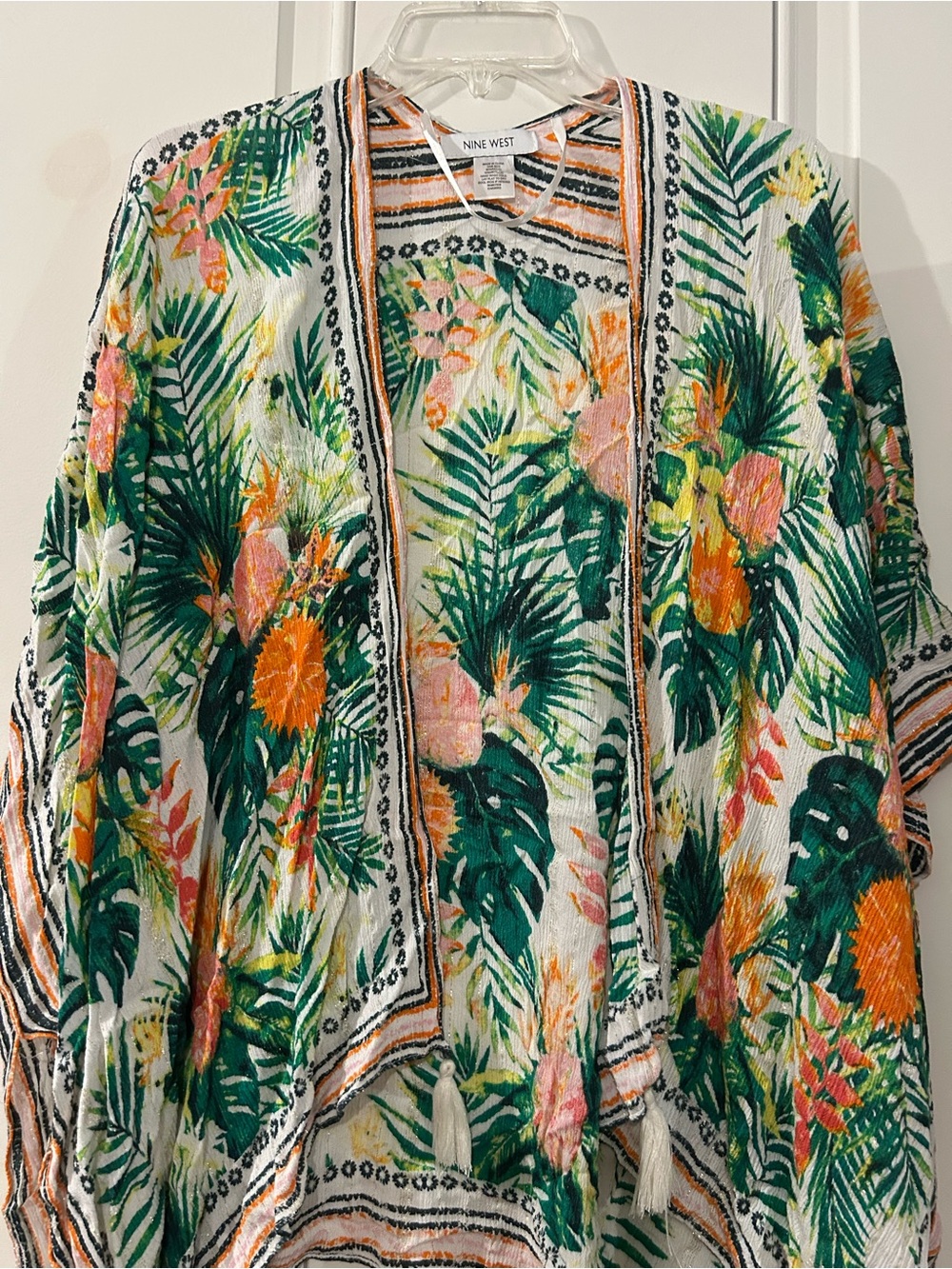 Nine West Tropical Leaf Print Kimono - Green, Orange, Pink, White